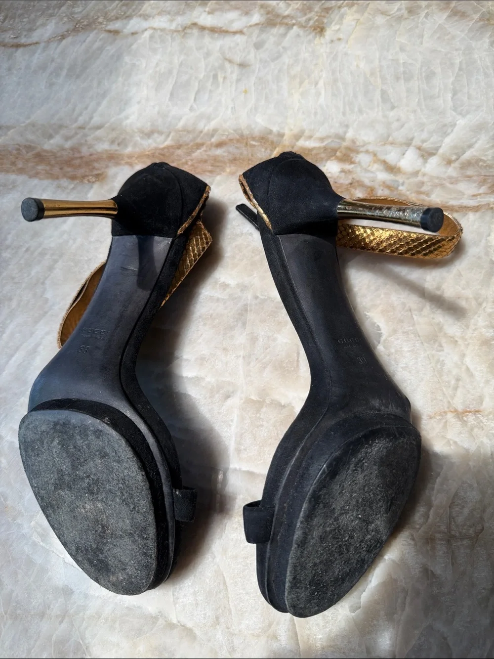 Gucci Black Suede Sandals with Gold-Tone Stiletto and Brown Snake-Trim Ankle